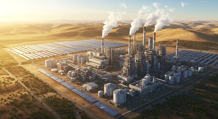  Vast industrial complex generates energy against a sunlit desert backdrop Solar panels augment the facility's power output creating a striking contrast of old and new technologies