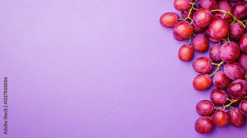 Poster a group of grapes is placed on top of a purple table next to another group of grapes on the same tab