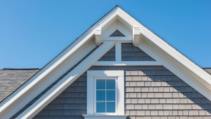 Gable roof decoration made of plastic or wood in white, featuring a corbel and louver, on a newly built luxury single-family home with a clear blue sky in the background and gray shingle accents.