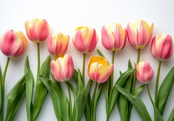 Fototapeta premium Beautiful Arrangement of Pink and Yellow Tulips with Green Leaves on a White Background for Spring and Floral Design Inspirations