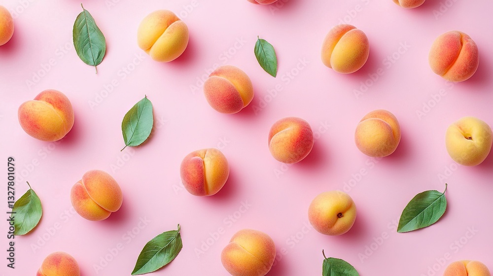Aufkleber a collection of peaches resting on a pink background with greenery above and below them