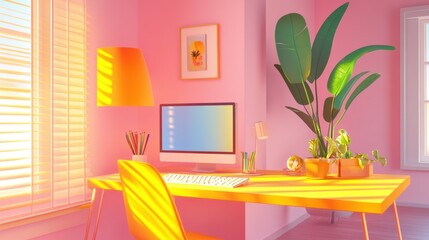 A modern home office features bright colors and natural light