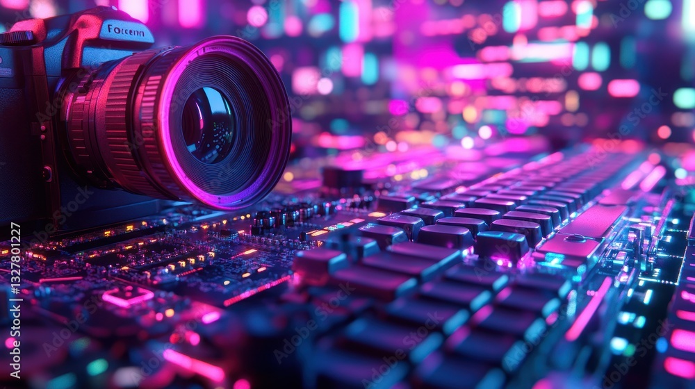 Poster a digital camera lens beside a backlit computer keyboard
