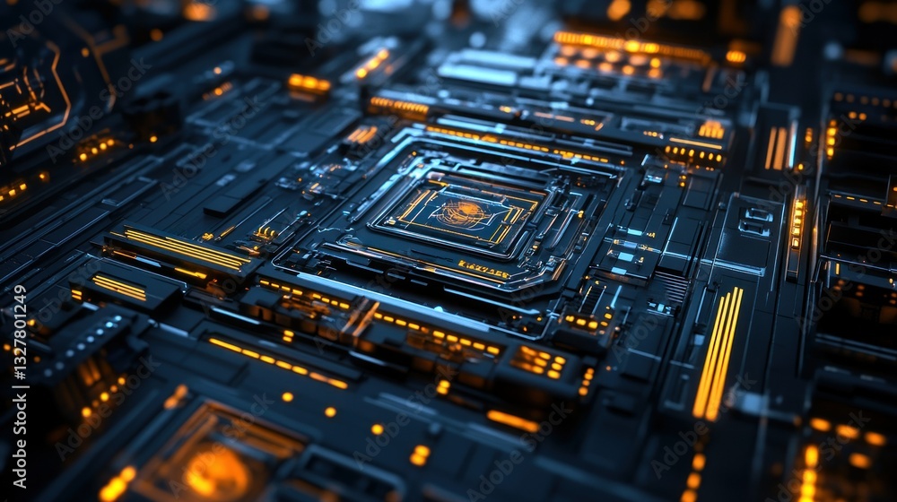 Poster detailed close up view of a complex circuit board with lights