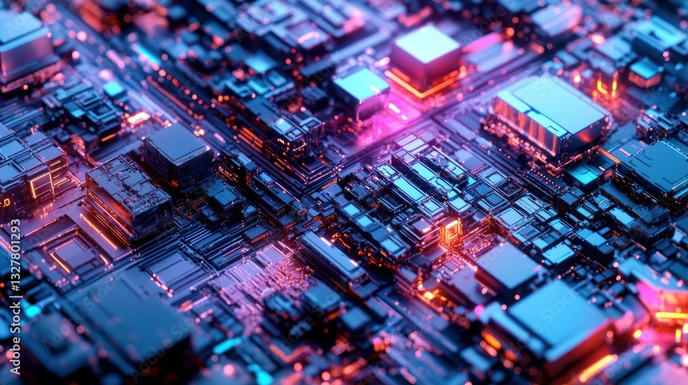 Poster a futuristic digital circuit board with colorful illuminating components