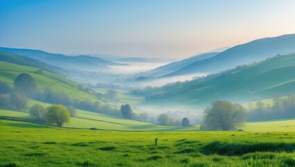 Obraz premium Panoramic vista of a scenic valley, mist, fields, and spring countryside landscape.