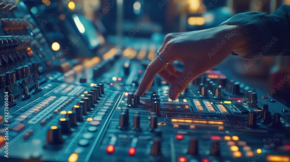 Poster a hand is adjusting a mixing console in studio