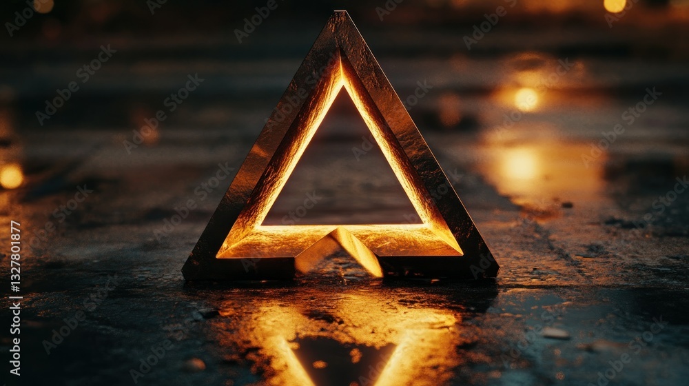 Poster illuminated triangle shape casting reflective glow on dark surface