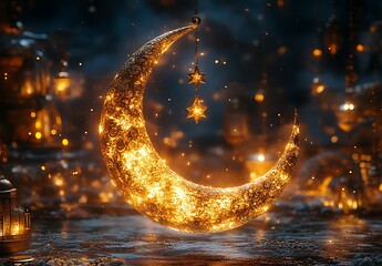 Shimmering Golden Crescent Moon with Stars Glowing Against a Mystical Night Sky

