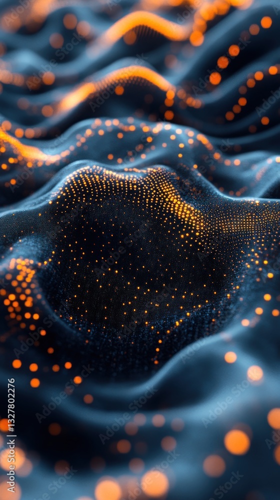 Poster abstract close-up of a textured surface with glowing orange dots, creating a dynamic wave-like patte