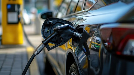 A black car being refueled with gasoline at a gas station