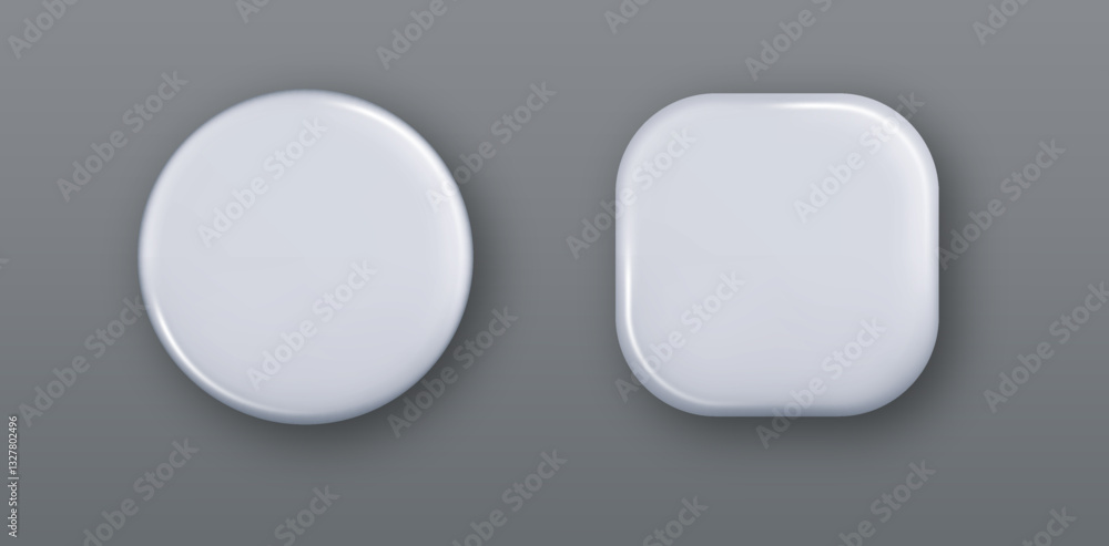 Poster 3d realistic white buttons. round and square white blank empty badge isolated. glossy surface templa