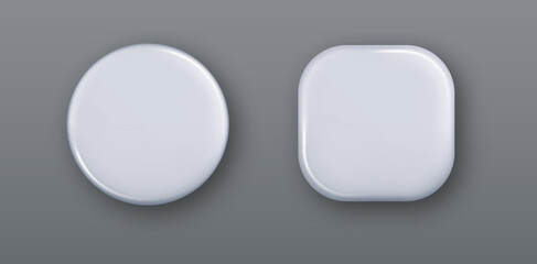 3d Realistic White buttons. Round and Square White blank empty Badge Isolated. Glossy surface template for branding. Mockup