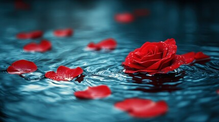 Red rose petals on water (3)