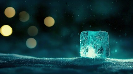   An ice cube perched atop a table, adjacent to a fuzzy depiction of a tree in the distance