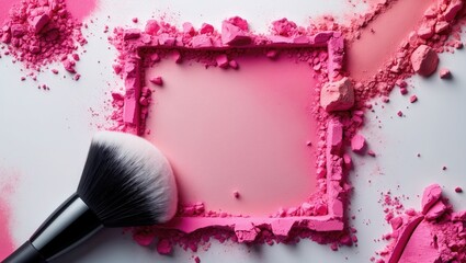 Traces of bright pink powder and blush creating a frame, accompanied by a makeup brush. A square layout for a business card or flyer design, featuring space for text.