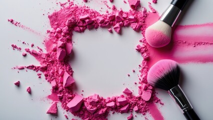 Traces of vibrant pink powder and blush creating a frame, accompanied by a makeup brush. A square template suitable for a business card or flyer design, featuring copy space.