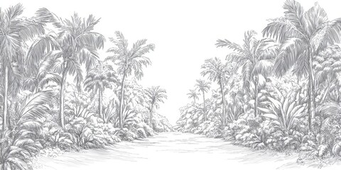 Detailed illustration depicts a tropical scene with palm trees and foliage