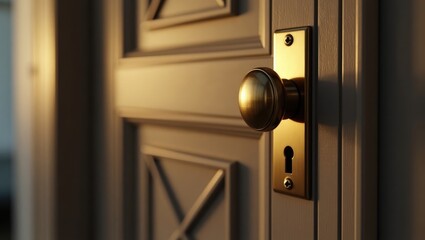 Fototapeta premium Stainless door knob or handle on a wooden door illuminated by beautiful lighting.