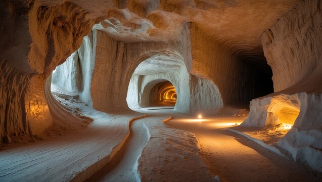 Panorama of the salt cave, a massive cavern created by salt extraction, currently utilized as a Halotherapy space.