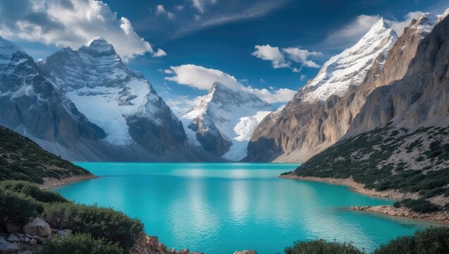 Laguna Paron surrounded by towering snow-capped peaks and rugged cliffs showcases turquoise waters reflecting the clear blue sky, creating a serene and breathtaking mountain vista.