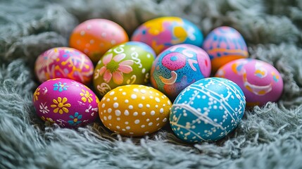 Fototapeta premium Hand Painted Easter Eggs Colorful Spring Holiday Decor Festive Design Pastel Colors Vibrant Decoration Cute Springtime Celebration Adorable Painted 