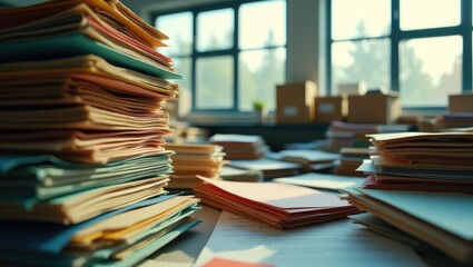 Stacks of paperwork and files in the office, illustrating work overload, file management, and administration concept.