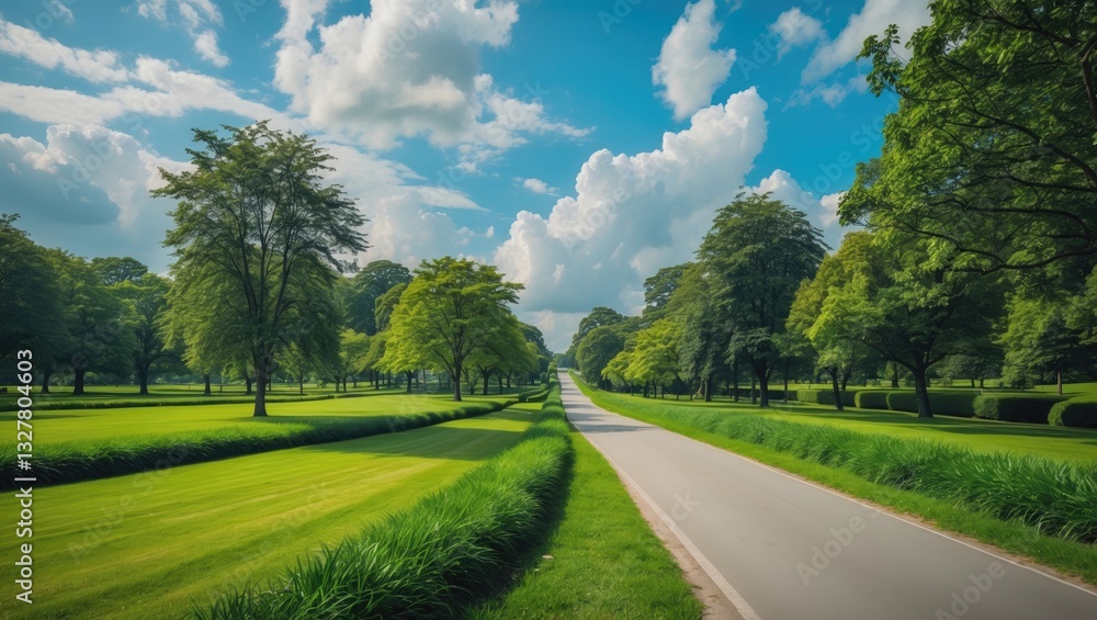 Poster path in a green park with trees and grassy fields.