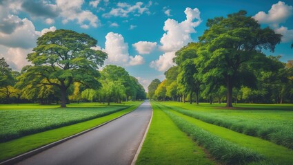Fototapeta premium Pathway in a green park featuring trees and grassy fields.