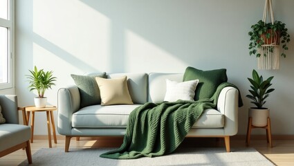 Soft knitted blanket draped over sofa in the room. Home interior