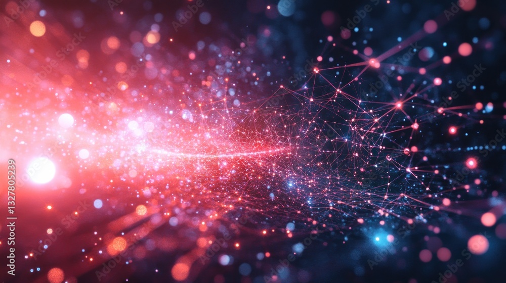 Poster abstract representation of a vibrant digital network with glowing particles and interconnected lines