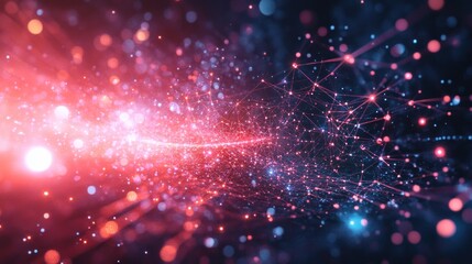 Obraz premium Abstract representation of a vibrant digital network with glowing particles and interconnected lines, set against a dark background, suggesting technological innovation