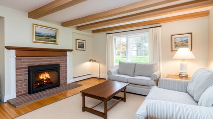 Fototapeta premium Cozy living room with a fireplace, comfortable seating, and scenic view through large windows