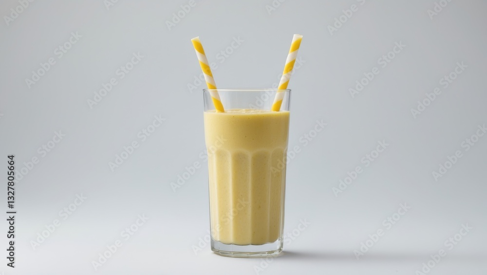 Poster glass containing banana smoothie against a white background