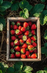 Fresh Strawberries in Wooden Box on English Strawberry Field with Straw