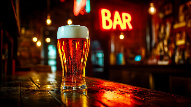 A glass of cold foamy beer stands on a wooden bar counter in a drinking establishment with a neon red sign with the text 'Bar' in the background.