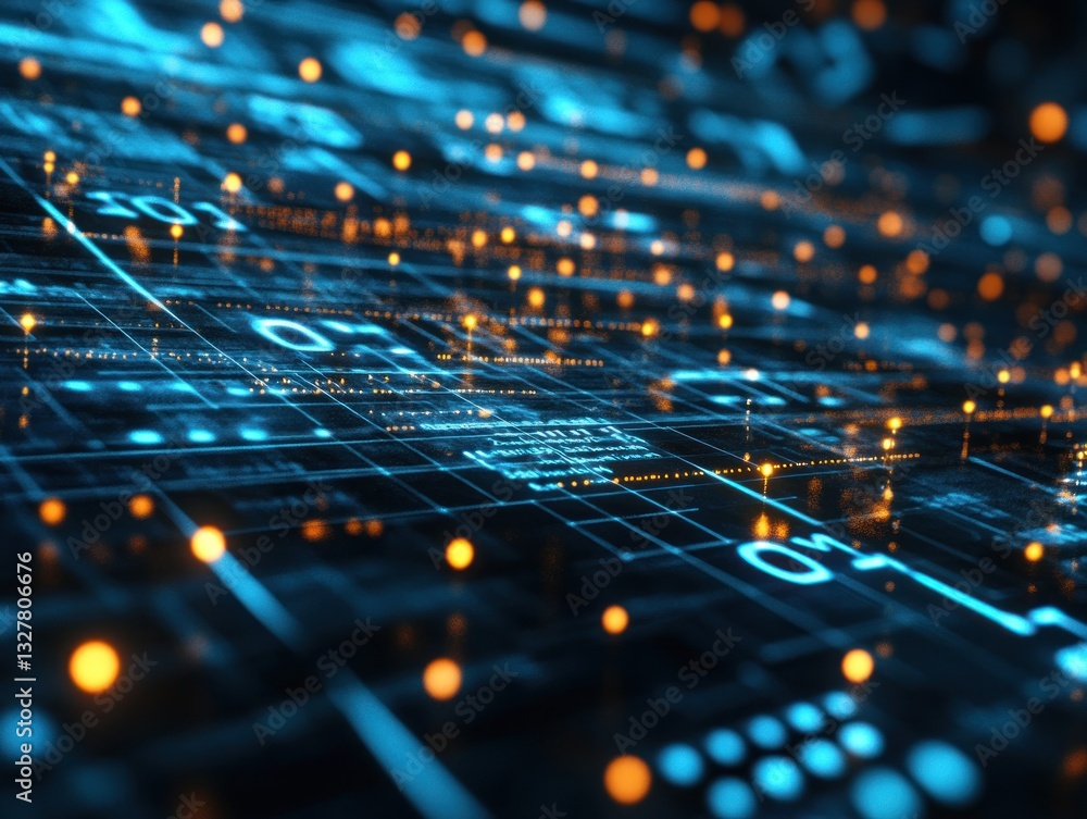 Poster abstract digital grid with glowing data points and patterns