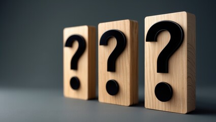 Staggered arrangement of three wooden blocks featuring question marks creating a side border over a grey background with space for text.