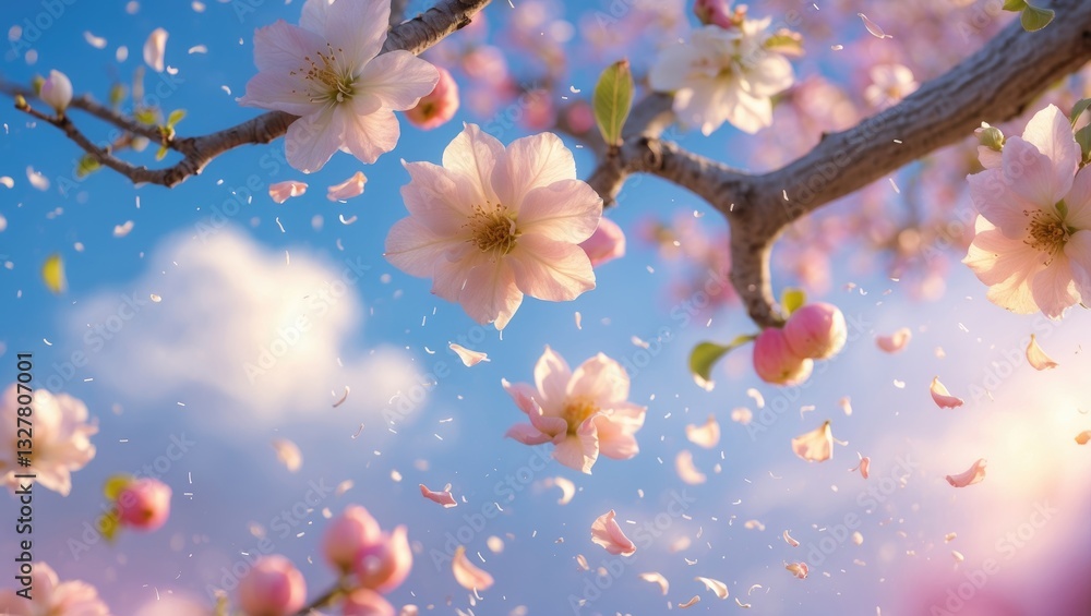 Aufkleber spring abstract blurred backdrop featuring blue sky and branches of a blooming apple tree.