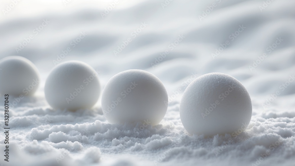 Poster Group of snowballs on a patterned snow surface. Close-up image.