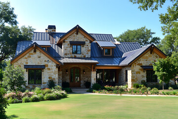 Charming stone house with a modern metal roof, surrounded by lush greenery and a clear sky