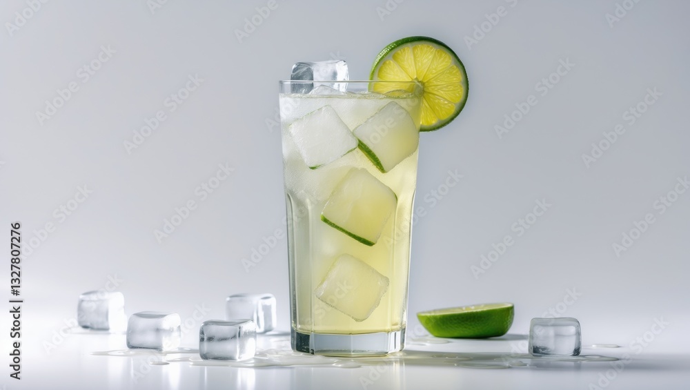 Poster glass of delicious ginger ale with ice cubes and a slice of lime, isolated on a white background.