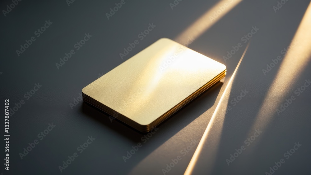 Poster golden business card mockup, invitation resting on a surface illuminated by shadows and sunlight.