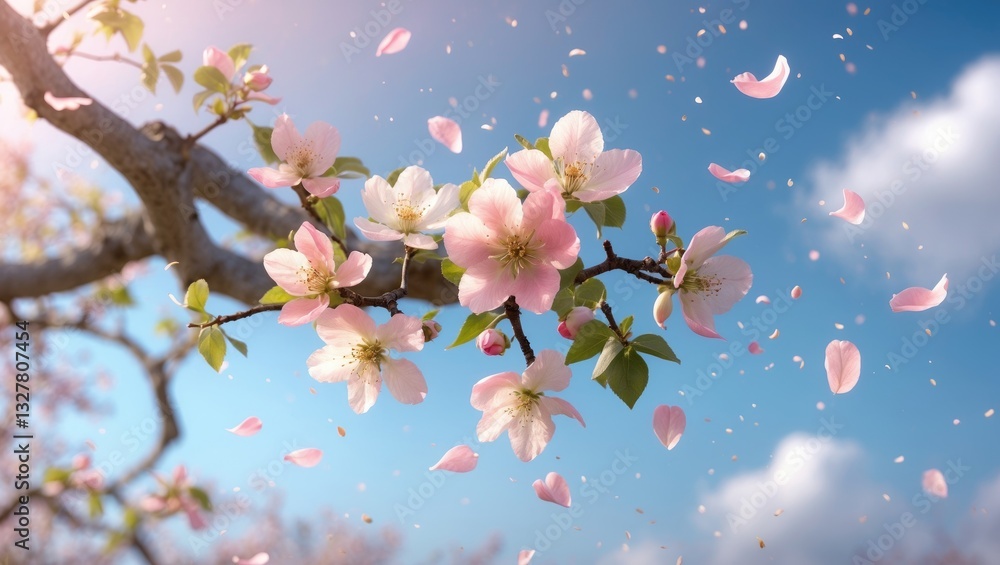 Poster spring abstract blurred background featuring blue sky and branches of a blooming apple tree.