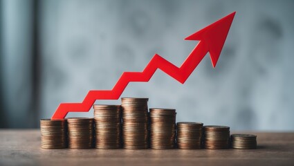 Stack of coins in a bar chart format with a red graph trending down against a white wall background on a wooden table with copy space.