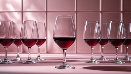Naklejka premium Glass design. Repeating empty wine glasses on a background, with one glass containing wine. Abstract backdrop.