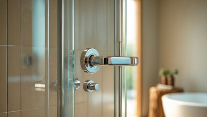 glass door in shower bathroom with metal handle