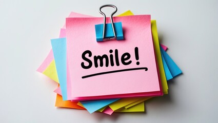 Word "Smile" on a pink sticky note placed on a white background.