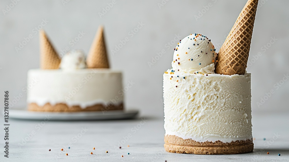 Poster two cakes adorned with ice cream and sprinkles rest on a table surrounded by confetti sprinkles