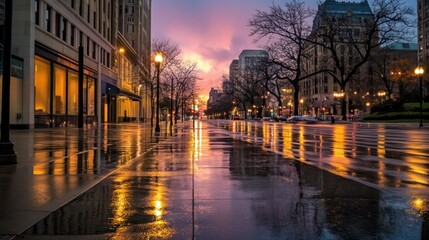 The Wet City Street Reflects Lights During A Beautiful Sunset